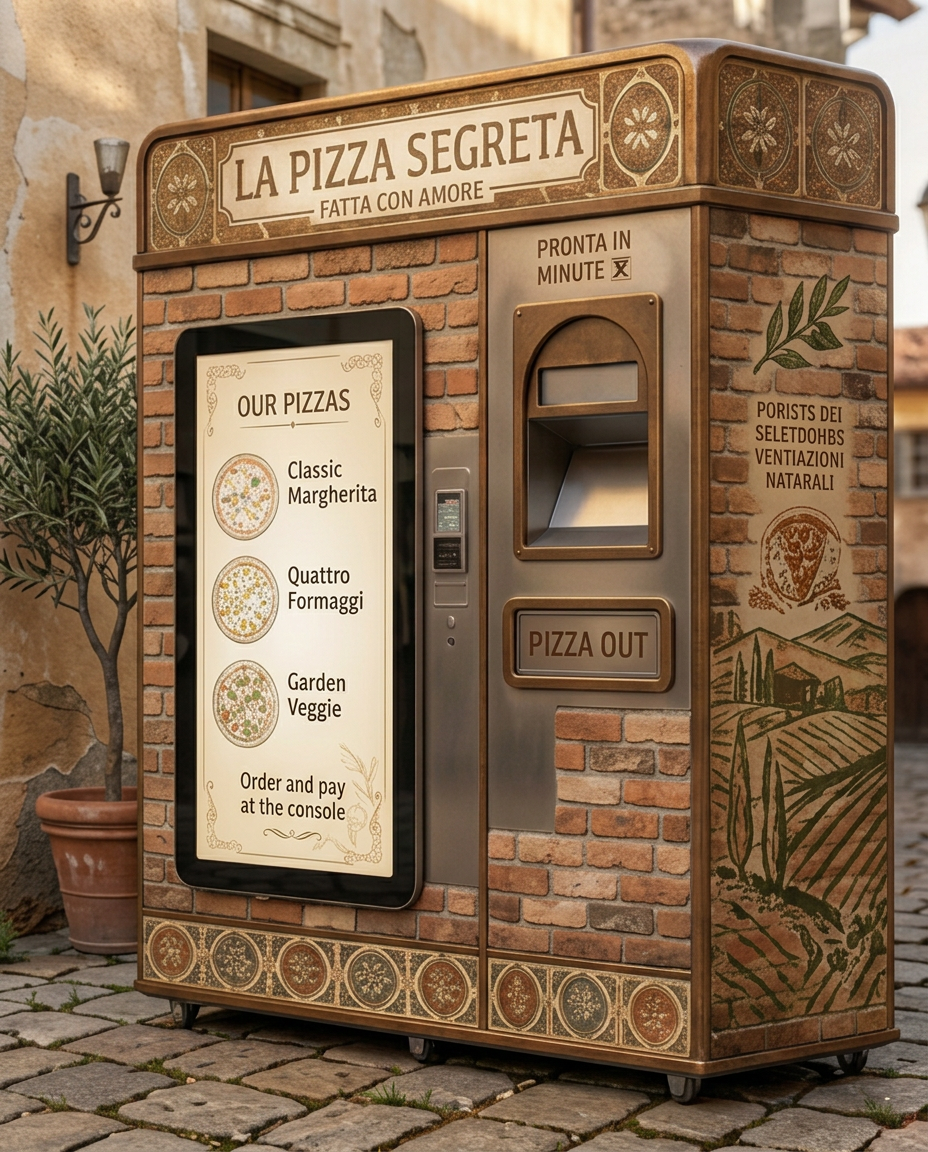 La Pizza Segreta artisan pizza vending machine styled as an Italian storefront