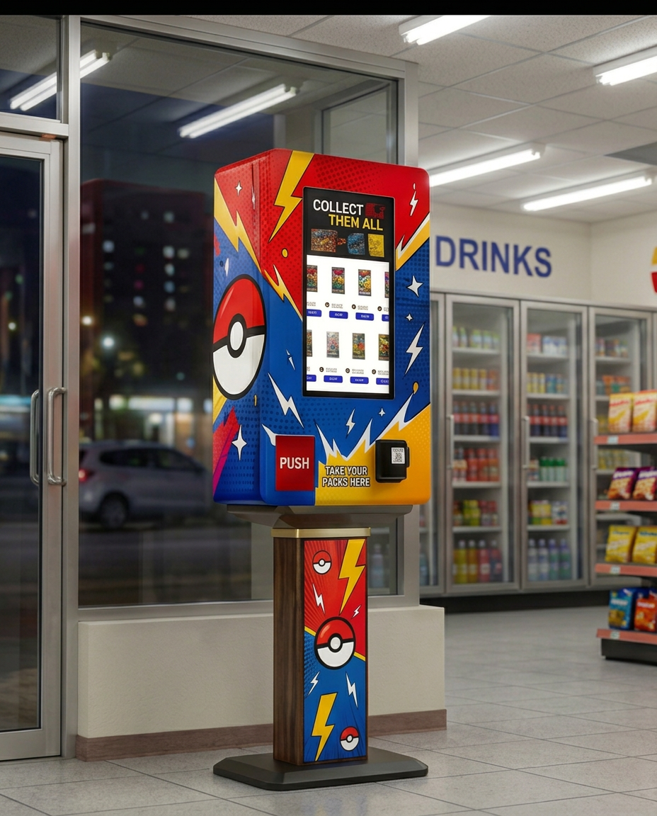 Poke Pack Exchange Pokémon card vending machine with Pokéball artwork